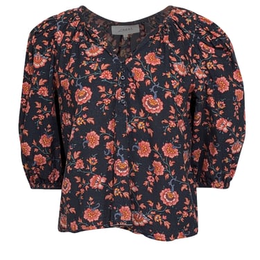 The Great - Dark Grey w/ Red Floral Print Puff Sleeve Blouse Sz M