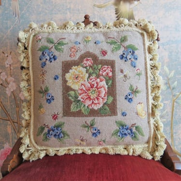 Vintage floral needlepoint pillow, cushion, insect, wool, cotton, velvet, fringe 
