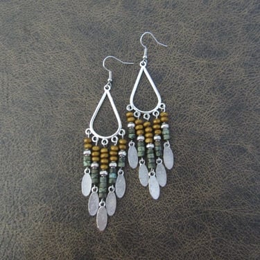 Green jasper and wood boho chic chandelier earrings 2 