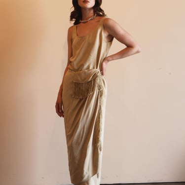 Vintage EMANUEL UNGARO 1990s Nude Fringed Wrap Dress with Built in Bodysuit sz 12 M L XL 