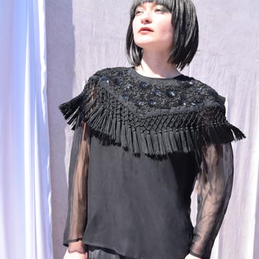 DIANE FREIS Beaded Black Fringe Silk Blouse SZ S to Medium 