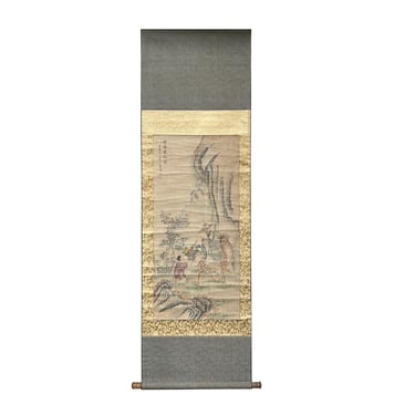 Chinese Ink Brush Kid Old Man Deer Scenery Scroll Painting Wall Art jk258E 