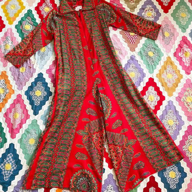 70s psychedelic barkcloth jumpsuit, long sleeve paisley trippy print 