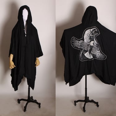 1980s Black Oversized Draped Square Cut Motorcycle Style Eagle Patch Hooded Poncho 