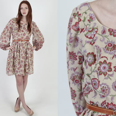 Vintage 70s Renaissance Floral Dress Scoop Neck Puff Sleeve Festival Prairie Mini Dress 