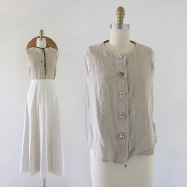 natural linen button top - s - vintage 90s y2k womens brown beige sleeveless shirt blouse top size small 