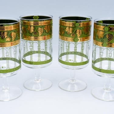Cera Glass Golden Grapes Green Water Goblets | Vintage Mid Century Glassware Barware 