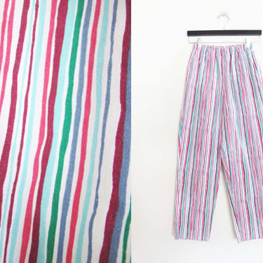 Vintage 90s Striped Elastic Pants Small - 1990s High Waist Womens Multicolor Stripe Trousers - Squiggle Red Pink Blue Design 