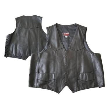 Vintage Men's Leather Motorcycle Vest, Extra Large / Black Biker Vest with Laced Sides / Snap Front Riding Vest with Pockets 