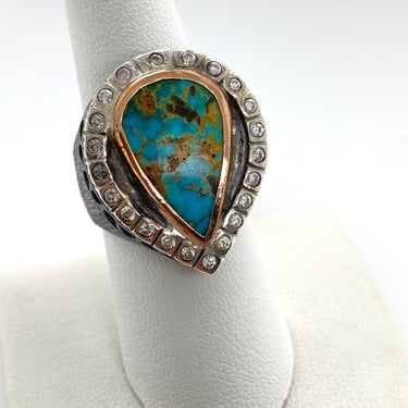 Artisan Modernist Blue Turquoise & Rhinestone Sterling Silver Ring Sz 8.75 
