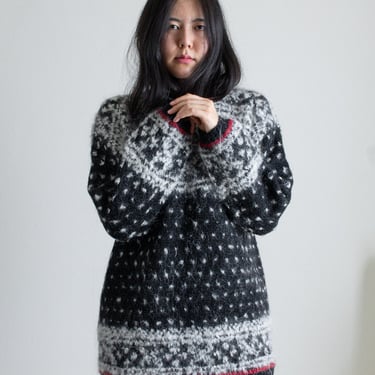 Vintage black, ivory and red mohair and wool blend fairisle sweater // M (2091) 