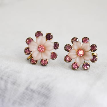 1940s/50s Pink Flower Rhinestone Screw Back Earrings 