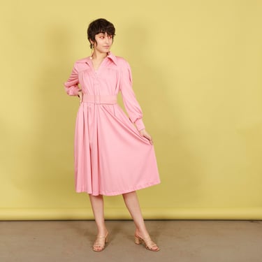 70s Rose Pink Aline Flared Dress Vintage Belted Long Sleeve Knit Slouchy Dress 