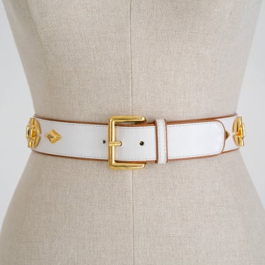 Vintage 80s ESCADA White & Caramel Brown Trim Belt w/ Ornate Brass Rivets | Made in W. Germany | 100% Genuine Leather | 1980s Designer Belt 