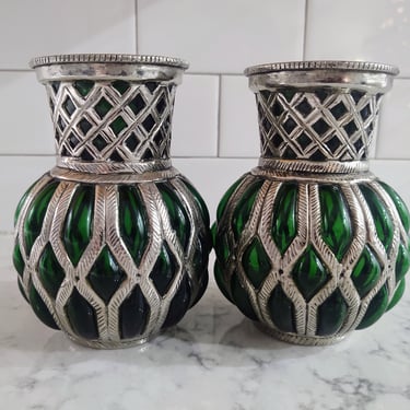 1970's Vintage Hand Blown Green Glass Vase or Candle Votives with Silver Metalwork - Two's Company Mount Vernon, NY Made in India - Set of 2 