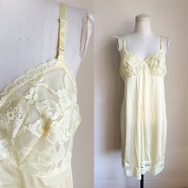 Vintage 1980s Butter Yellow Lace Full Dress Slip / M 