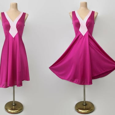 VINTAGE 80s Hot Pink Color Block OLGA Full Sweep Short Nightgown Style #9206 | Stretch Bodice 121