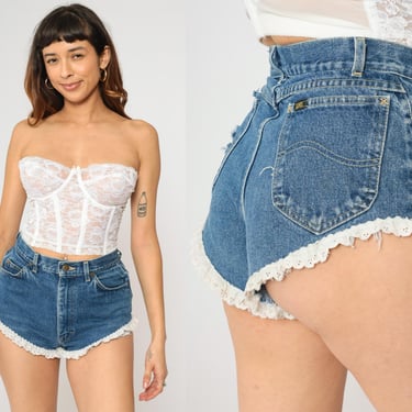 Vintage 90s Lee Lace Trim Denim Shorts High Waist Blue Distressed Cutoff Eyelet Hem Festival Daisy Duke Shorts 1990s High Sides Small 27 