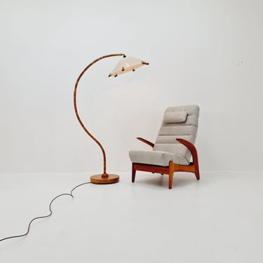 Rare Midcentury vintage gooseneck floor lamp in beech wood and teak shade by Marksljöd Sweden, 1940s 