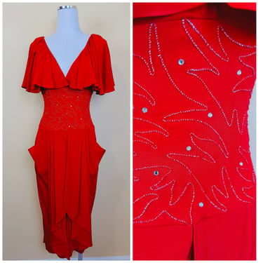 1980s Vintage Rayon / Acetate Red Casadei Dress / 80s Soutache Beaded Cape Wiggle Cocktail Gown / Small 