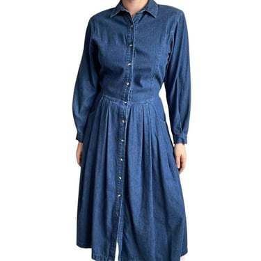 Vintage 90s Womens Eddie Bauer Denim Cotton Prairie Maxi Boho Dress Sz Petite S 
