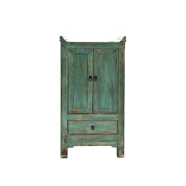 Distressed Sage Green Slim Narrow Point Edge Side Table Credenza Cabinet ws4391E 