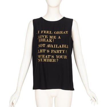 Moschino Couture 1990s Vintage Fun Slogan Black Crepe Sleeveless Top 