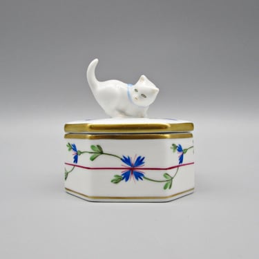 Herend Porcelain Cat Trinket Box Figural Jewelry Gift Box Blue & White China 