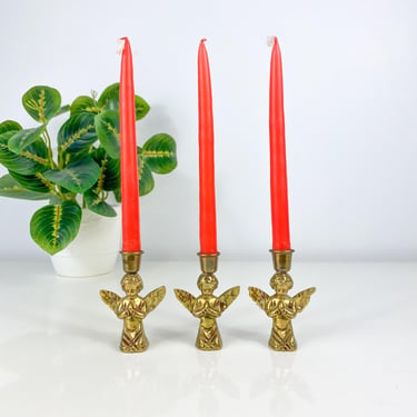 Vintage Brass Angel Tri Mini Candlestick Holders, Praying Brass Angels, Brass Miniature Christmas Angels, Mini Taper Candles, Holiday Decor 