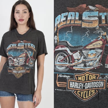 Vintage 80s 1988 Harley Davidson Motorcycle Biker Real Steel 50/50 Thin T Shirt 