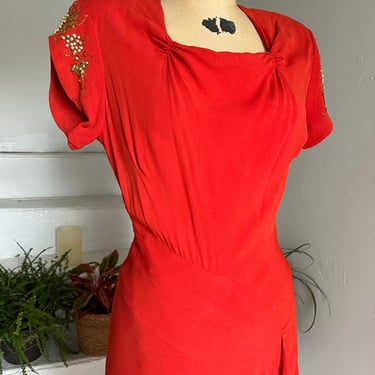 Deep Burnt Orange Rayon Draped Skirt Cocktail Evening Dress Beaded Pearl Grapes Vintage 38 Bust 1940s 