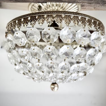 Vintage French Empire Ceiling Light Cut Crystal Basket Tent Bag Light Flush Mount Gold and Crystal Mid Century Small Chandelier Glass 