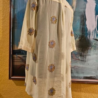 AIOV Beige Blouse with Purple Spider Embroidery, Sheer Button Up Shirt, Halloween Goth Light Top, Size Small Creepy Cute Shirt 
