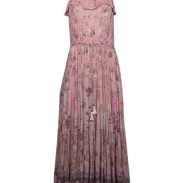 SPELL - Blush w/ Pink & Purple Floral Print Tie Shoulder Maxi Dress Sz S