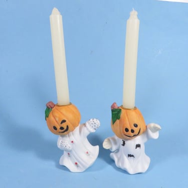 Vintage Halloween Jack O Lantern Ghosts Ceramic Candle Holders 