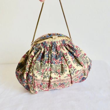 Vintage 1950's French Indian Jacquard Tapestry Purse with Floral Enamel Lid Wrist Chain Strap Hippie Boho Made in France Baring of Paris 