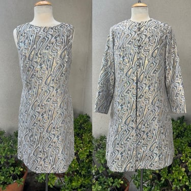 Vintage 60” dress coat set metallic swill prints brocade silver gold Sz 14 medium The Broadway 