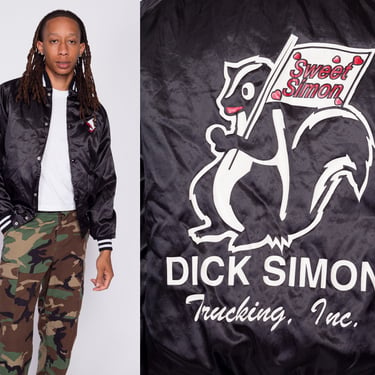 M| 80s Dick Simon Trucking Varsity Jacket - Men's Medium | Vintage Black Satin Skunk Logo "Sweet Simon" Snap Button Bomber Coat 