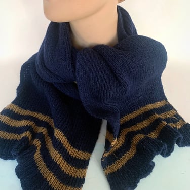 1930s Navy and Mustard Striped Wool Scarf