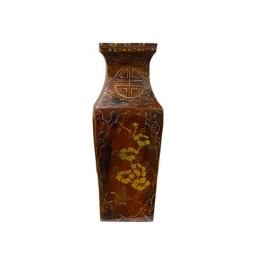 Chinoiseries Golden Graphic Brown Lacquer Square Vase Jar Shape Display ws3352E 