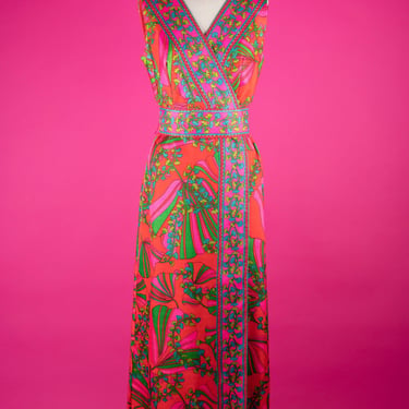 Vintage 60s Bright-Colored Psychedelic Floral Print Pucci-Style Belted Faux Wrap Maxi Dress 