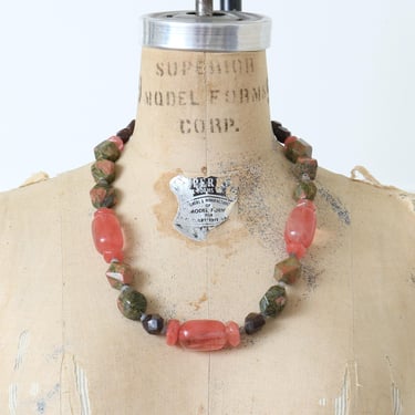 handmade natural stone chunky necklace • pink quartz, unakite, garnet statement necklace 