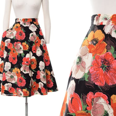 Vintage 1970s Skirt | 70s California Poppies Floral Printed Black Gauze High Waisted Full Swing Skirt (medium) 