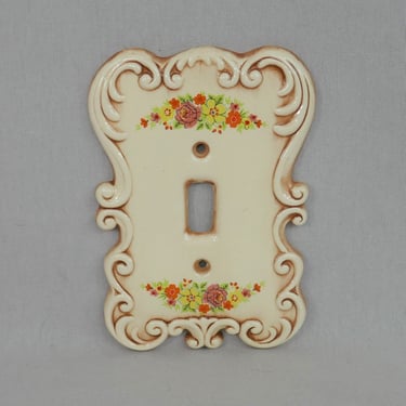 Vintage Light Switch Cover - Single Switchplate - Beige Ceramic w/ Brown - Orange Pink Green Yellow Floral Flowers - Dated 1977 