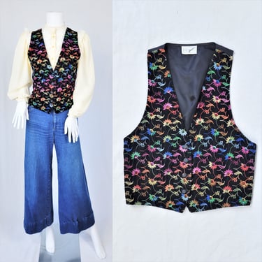 1980s Black Velvet Rainbow Embroidered Floral Vest I Sz Med I FR Sport 