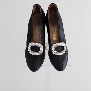 Gorgeous 1920's French Peau de Soie Black Evening Shoes / Size 5