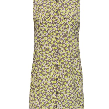 Equipment - Neon Yellow, Grey &amp; White Star Print Button-Up Silk Shift Dress Sz XS