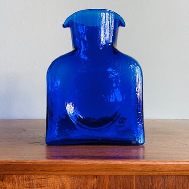 Vintage Blenko water bottle in sapphire or cobalt blue  / hand-blown glass vase decanter / double-spouted pitcher 