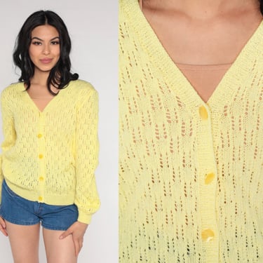 Yellow Cardigan 80s Pointelle Knit Button up Sweater Open Weave Sheer Sweater Retro Preppy Slouchy Grandma Acrylic Vintage 1980s Small S 
