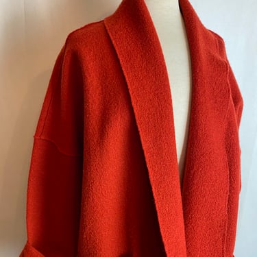 VTG Eileen Fisher wool knit sweater coat~ long rolled collar open front knit jacket~ large patch pockets brick red/ orange Plus size 1X 